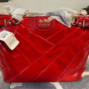 Coach Red Quilted Tote Bag with Glossy Finish